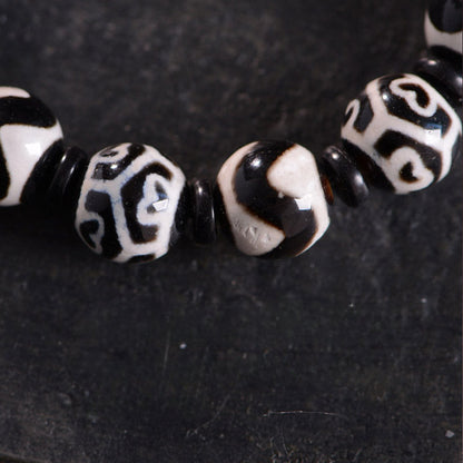 Tibetan Black and White Dzi Beads Handmade Old Agate Tiger Tooth Bracelet