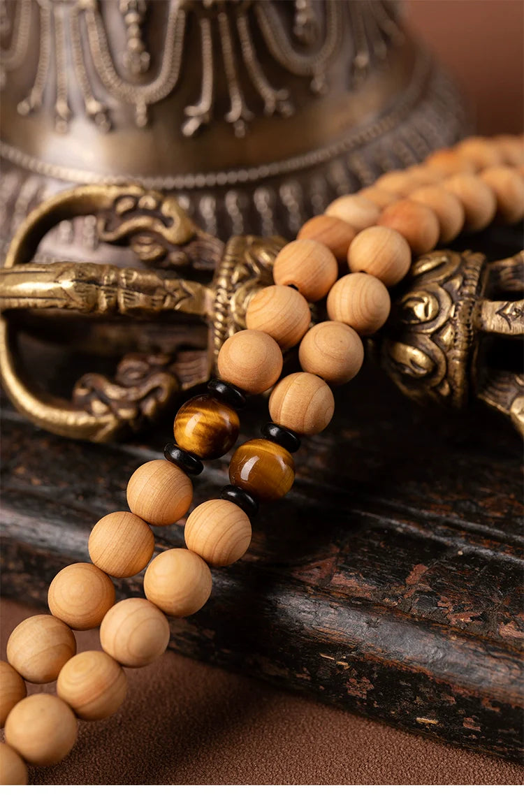 8mm Cliff Cypress 108 Bead Mala With Yellow Tiger Eye Prayer Beads