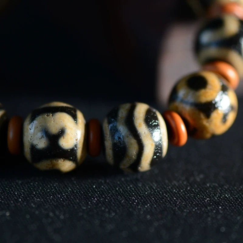 Dallow Dzi Bead Bracelet Tibetan Old Agate Round Beads High Oil Weathered 14mm Men's