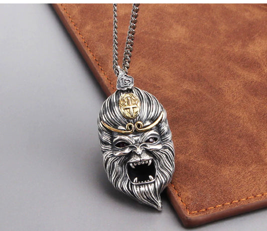 S925 Sterling Silver Sun Wukong Double-Sided Necklace - Buddha and Demon Pendant for Men