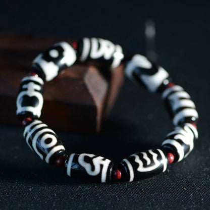 Tibetan Black and White Dzi Beads Bracelet with Natural Red Agate Round Beads