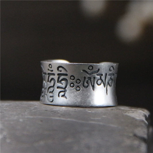 S999 Silver Matte Six-Character Mantra Retro Ring for Men and Women Open-Ring Design