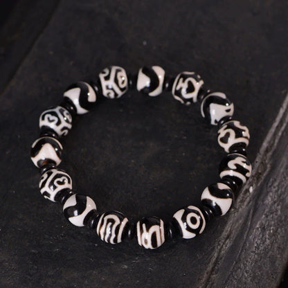 Tibetan Black and White Dzi Beads Handmade Old Agate Tiger Tooth Bracelet