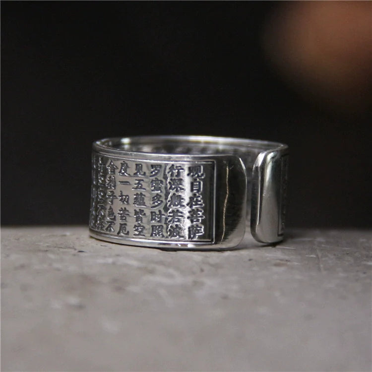 Pure Silver Heart Sutra Ring Women's Tibetan Body Protection Safety Opening Jewelry S999 Sterling Silver Retro Ring