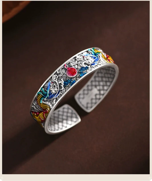 Pure Silver Enamel Zodiac Dragon Bangle