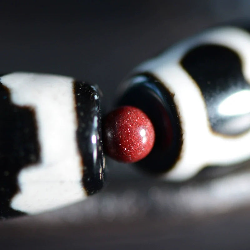 Tibetan Black and White Dzi Beads Bracelet with Natural Red Agate Round Beads