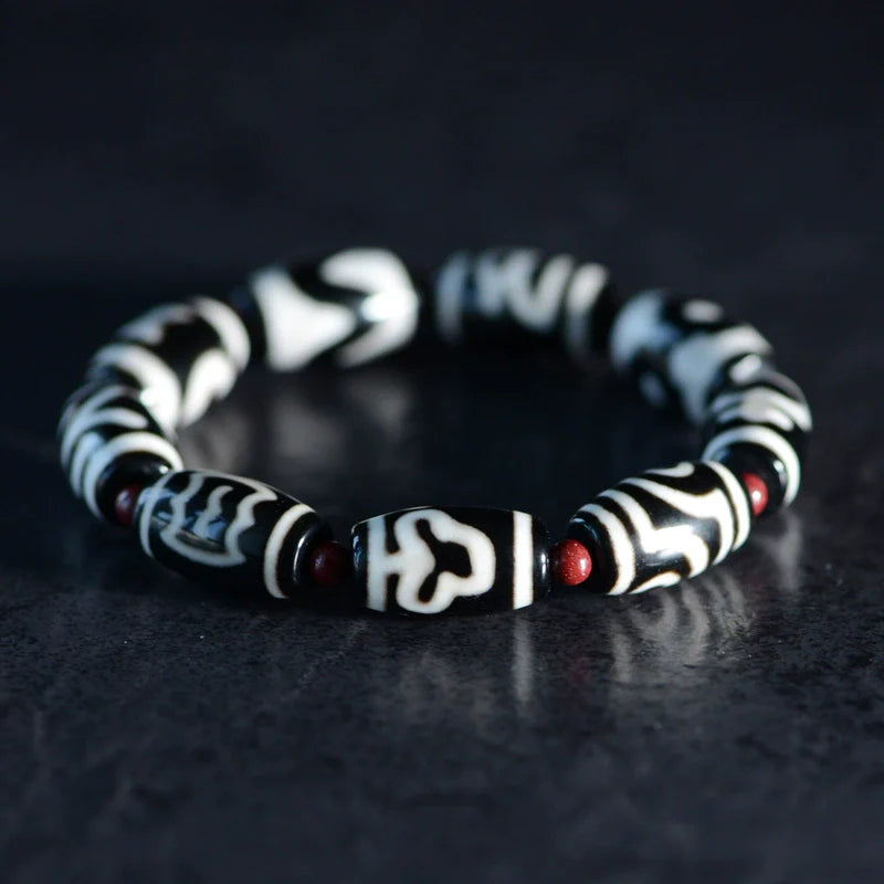 Tibetan Black and White Dzi Beads Bracelet with Natural Red Agate Round Beads