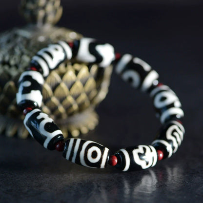 Tibetan Black and White Dzi Beads Bracelet with Natural Red Agate Round Beads