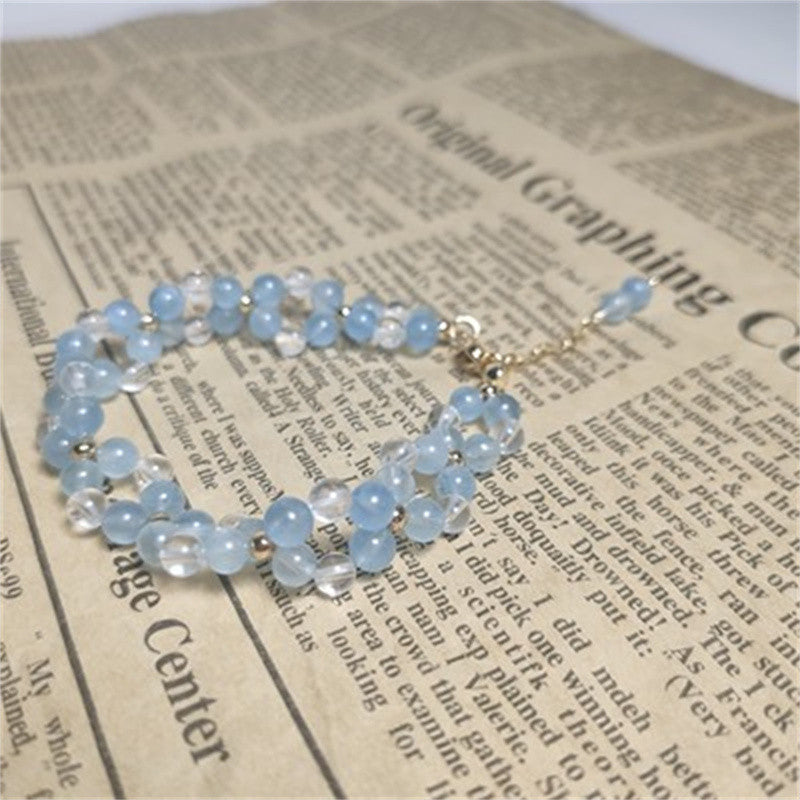 Stylish and Fresh Aquamarine Bracelet Double-layer Design White Crystal