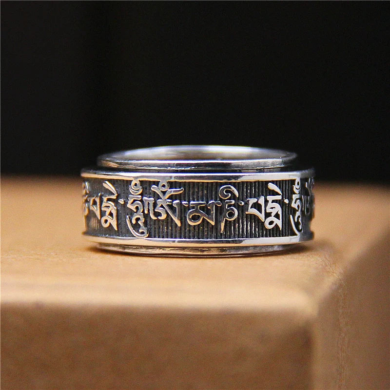 Rotatable Tibetan Sanskrit Six Character Mantra Sterling Silver Ring